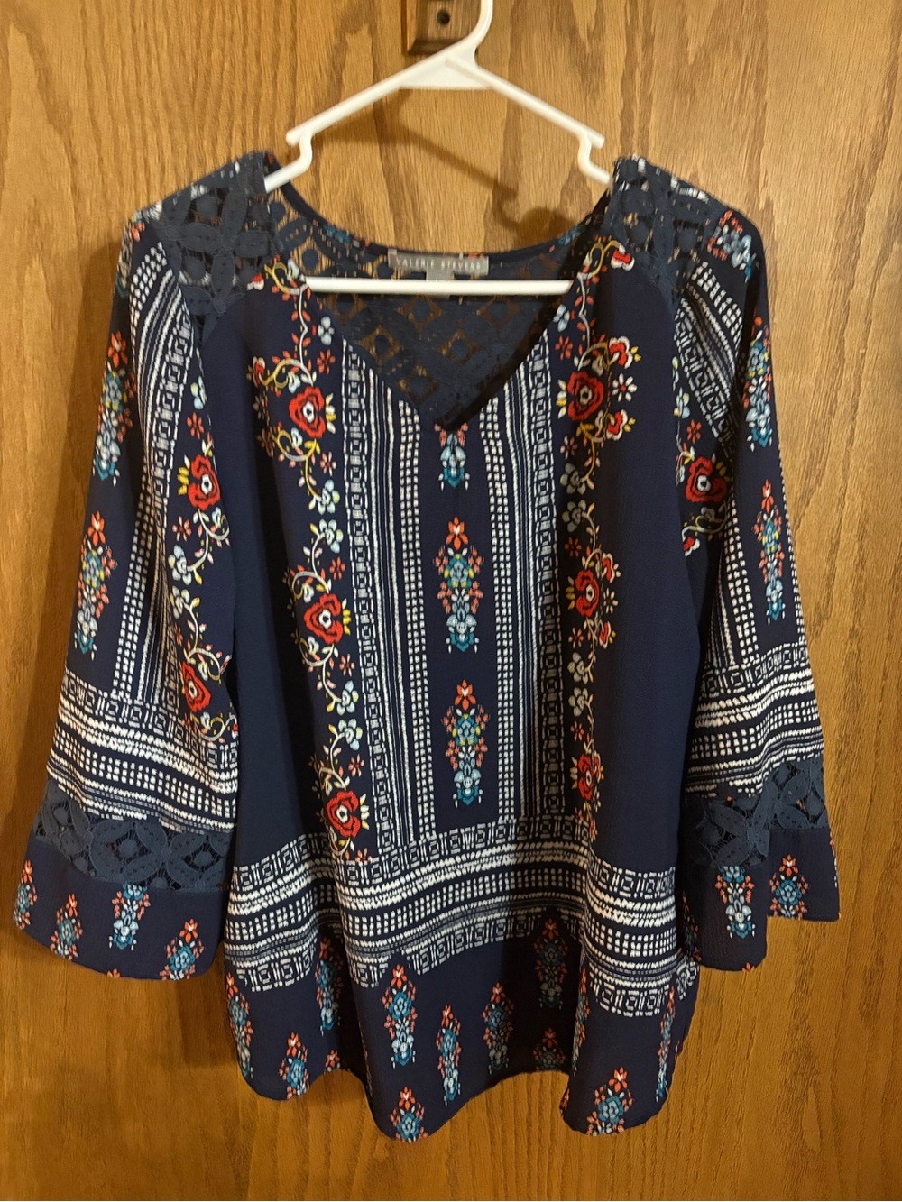 Valerie Stevens Navy Floral Crochet-Shoulder Tunic